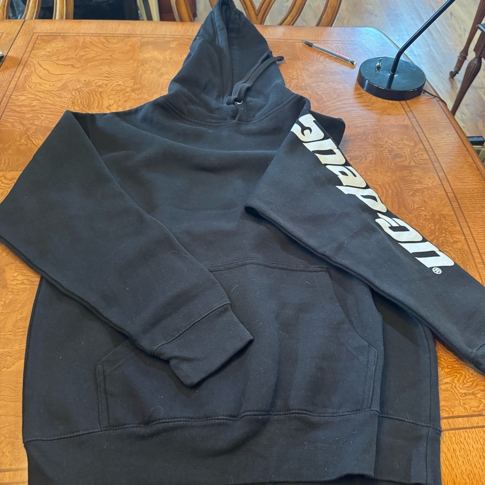 Snap Black Pullover Sweater with Sleeve Lettering skull skeleton